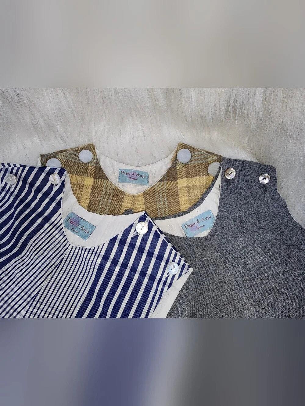 Papo d'Anjo Kids Button-Shoulder Rompers Lot 3:Gray, Yellow Plaid & Navy Stripes
